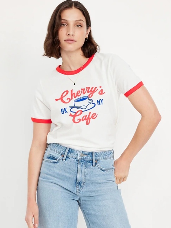 Old Navy Tops - Old Navy White Tee with Red Trim and Blue Cherry’s Cafe Graphic